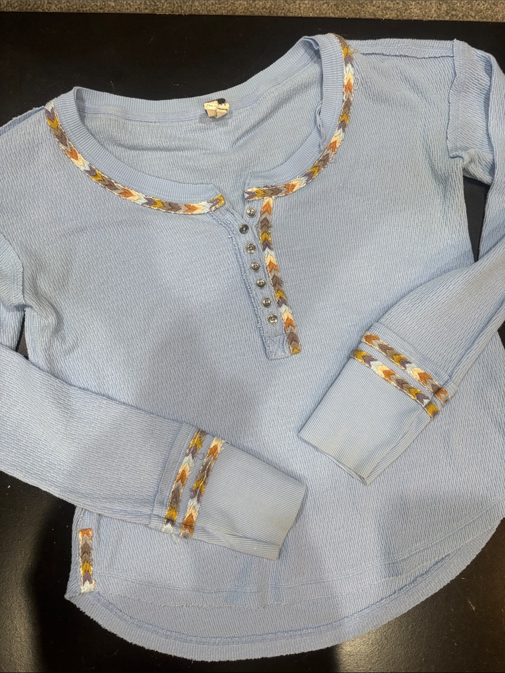 We The Free Light Blue Long-Sleeve Henley Top with Braided Trim
